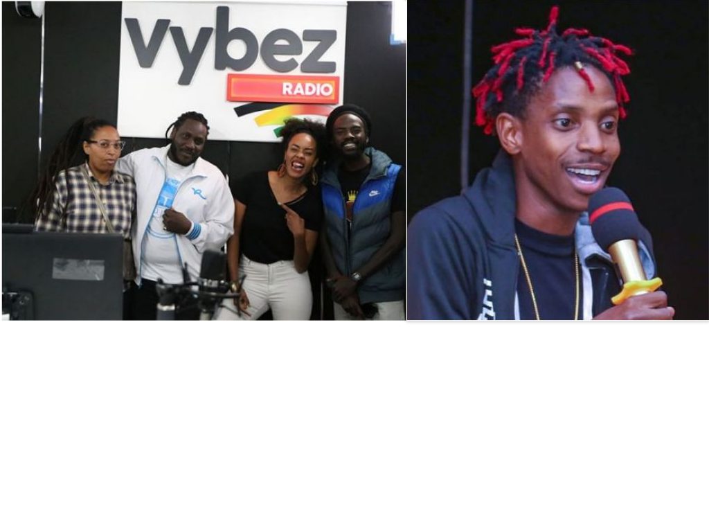 Vybez FM Presenters Nazizi, Ras Riddiq, Chiki Kuruka alongsie an image of Spice FM Presenter Eric Omondi