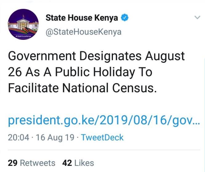 Tweet declaring Monday, August 26th a national holiday before the u-turn
