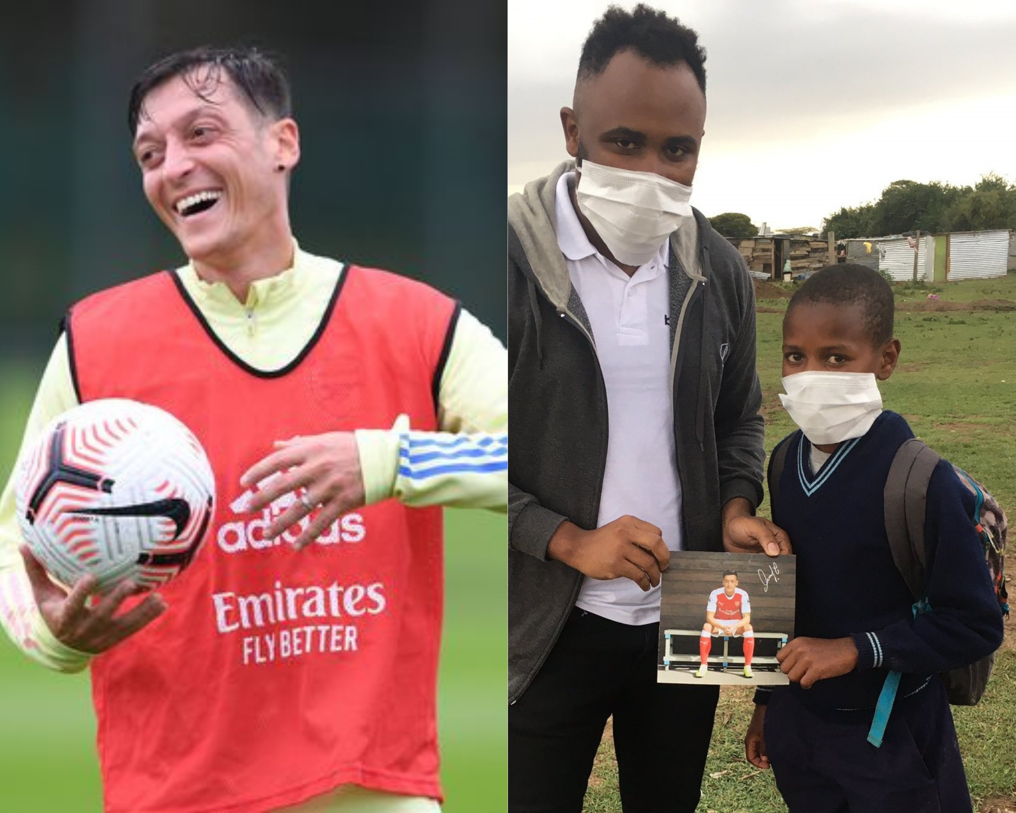 Mesut Ozil (left) and sports journalist Eric Njiru with Lawrence Masira (right).