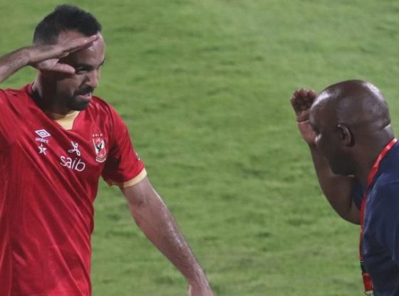 Pitso Mosimane celebrates with Mohammed Sherif at the Stade Mohammed V Stadium on July 17, 2021 during Al Ahly's CAF Champions League final against Kaizer Chiefs.