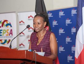 KEPSA CEO Carole Kariuki speaking during a business forum with a business delegation from France at Movenpick Hotel.